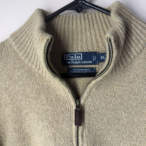 Polo Ralph Lauren 1/4 Zip Sweater XL Tan Light Brown Merino Wool Angora Vintage - Picture 2 of 12